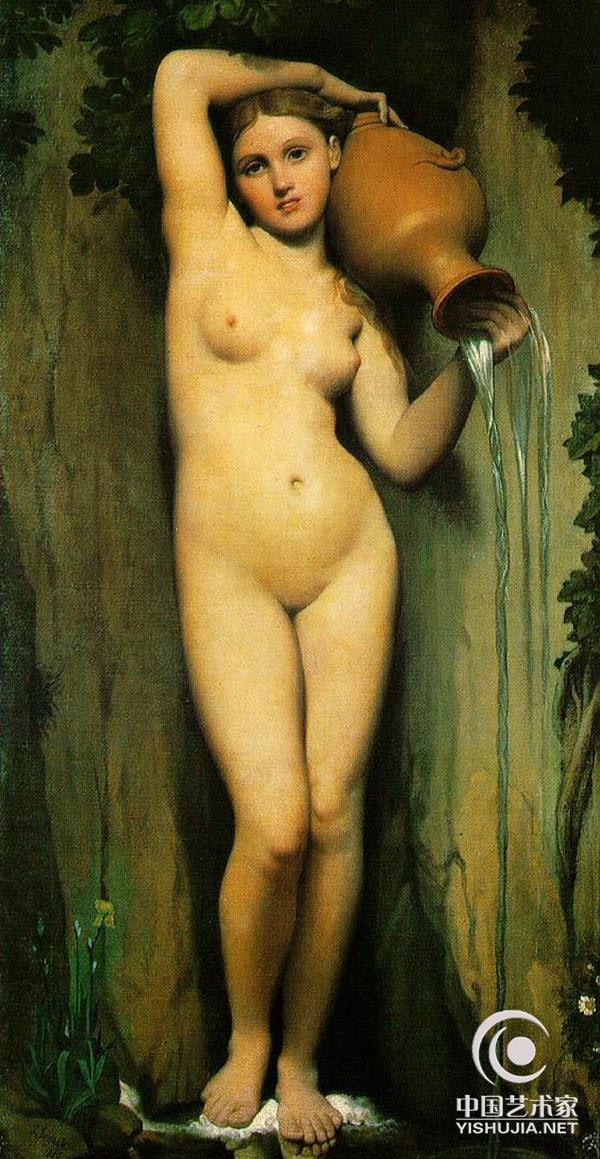 《泉》 　　此画是安格尔裸女形象中最负盛名的一幅，是他自于1820开始的，经近30年才完稿，传说他的助手还帮他绘制此画。是西欧美术史上描写女性人体的优秀作品之一。安格尔笔下的这个少女纯洁、典雅、恬静、健康、美丽，充满生命的活力和青春的朝气。画面左下角那朵含苞未放的雏菊下是她的象征。从这幅画里，人们感到的是一个宁谧，幽静的抒情诗般的境界，心灵得到慰藉，感情得到升华的崇高境界。当时，这幅画引起了人们极大的兴趣，争相抢购。当时有五个买主争执不休，最终被杜夏特尔伯爵买去了，后来他赠给了卢佛尔博物馆。