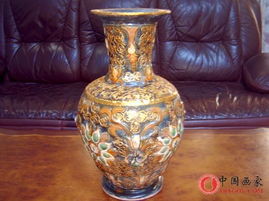 辽三彩铜包花瓶，高38cm-中国艺术家网